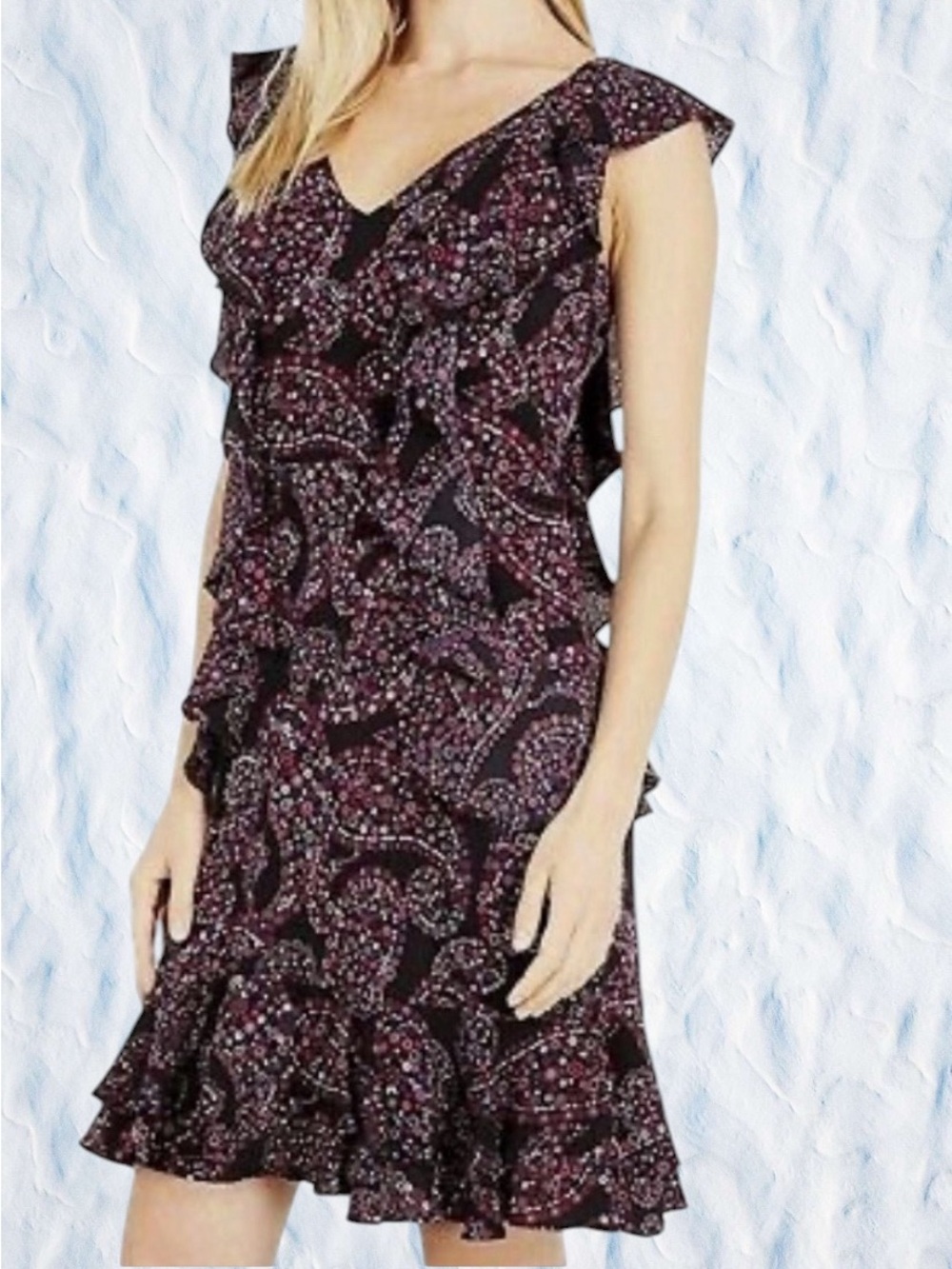 Michael Kors Black Paisley Ruffle Mini Dress with Pink Accents